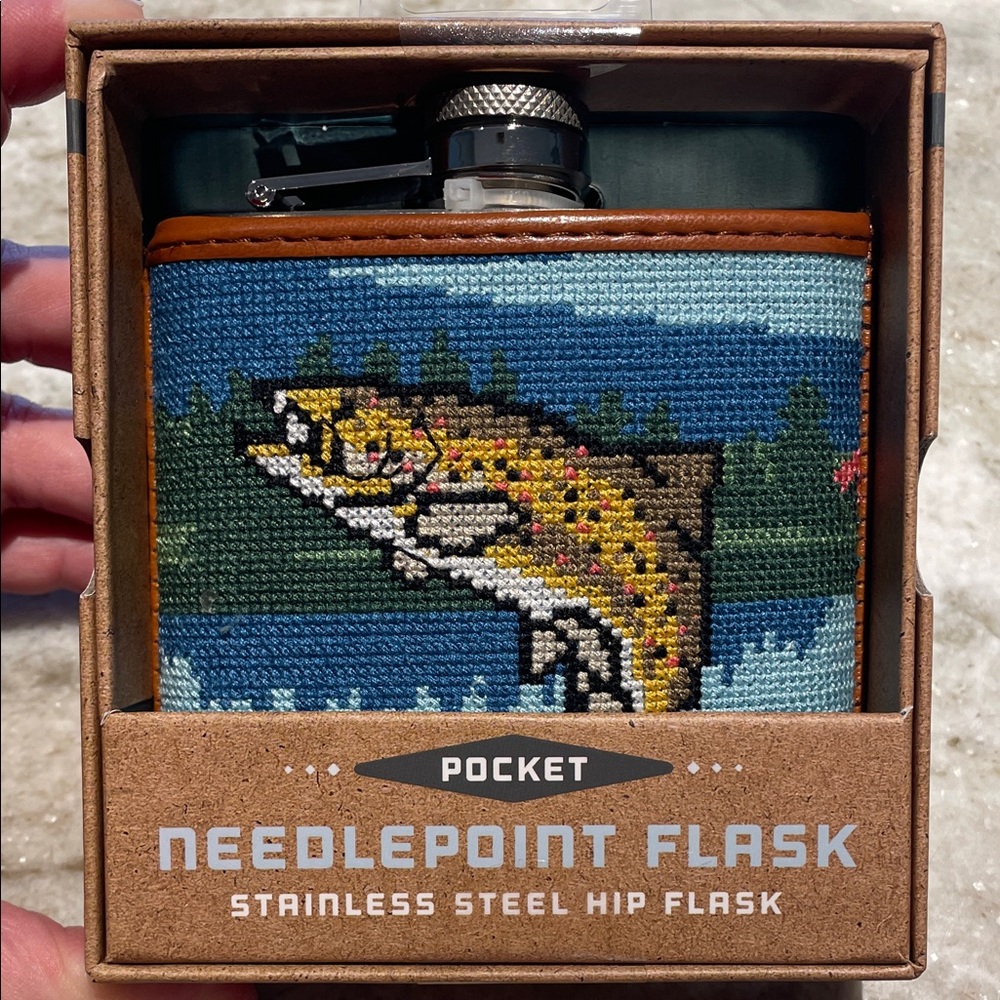 Pocket Needlepoint 6oz Stainless Steel Hip Flask Fishing